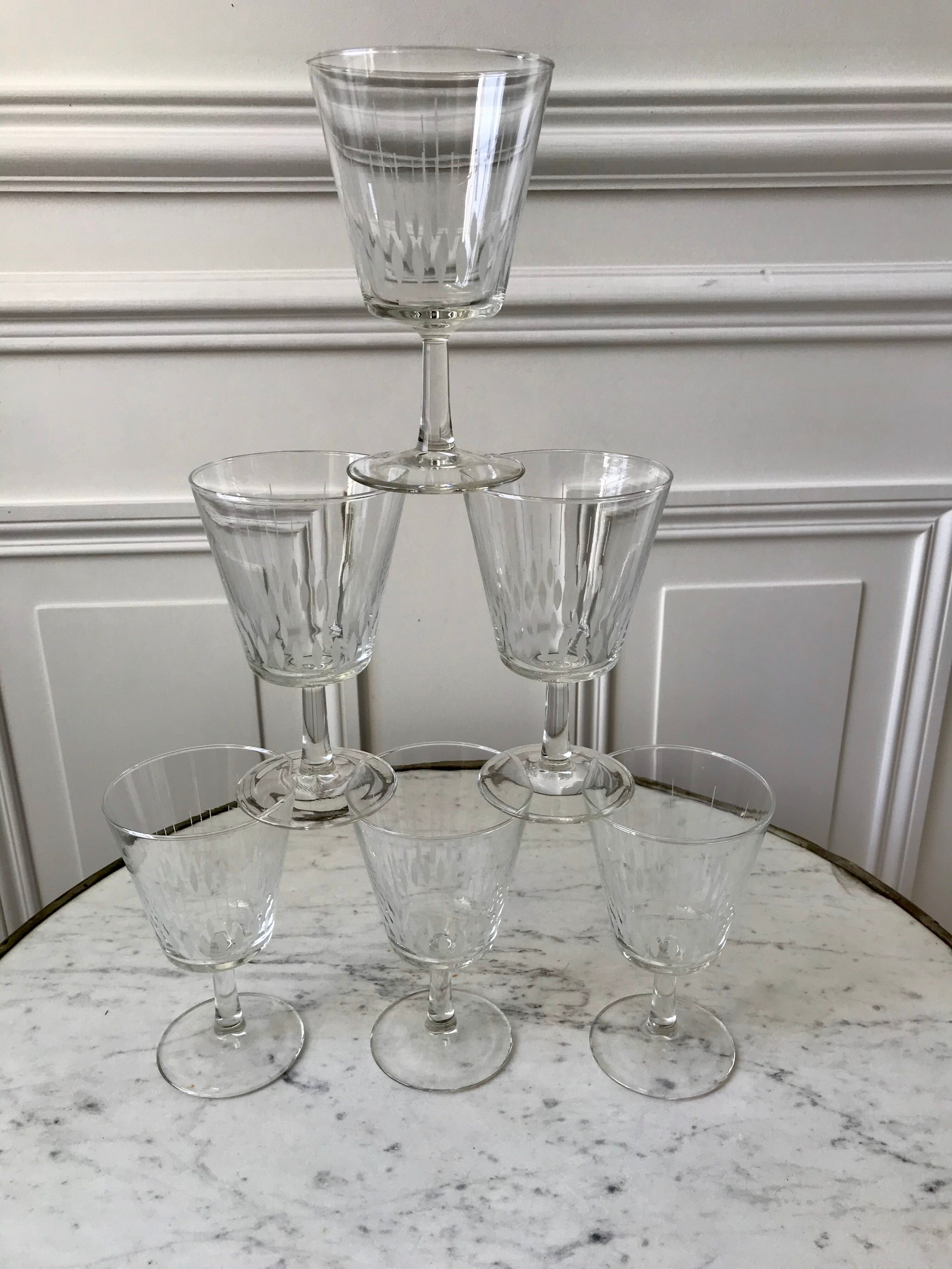 Set of 6 large crystalline glass wine glasses 50-60s