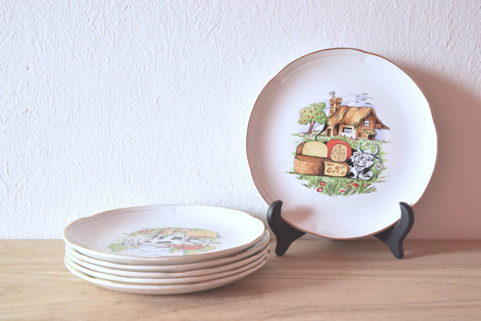 Moulin-des-Loups - Orchies - Set of 6 vintage glazed ceramic cheese plates