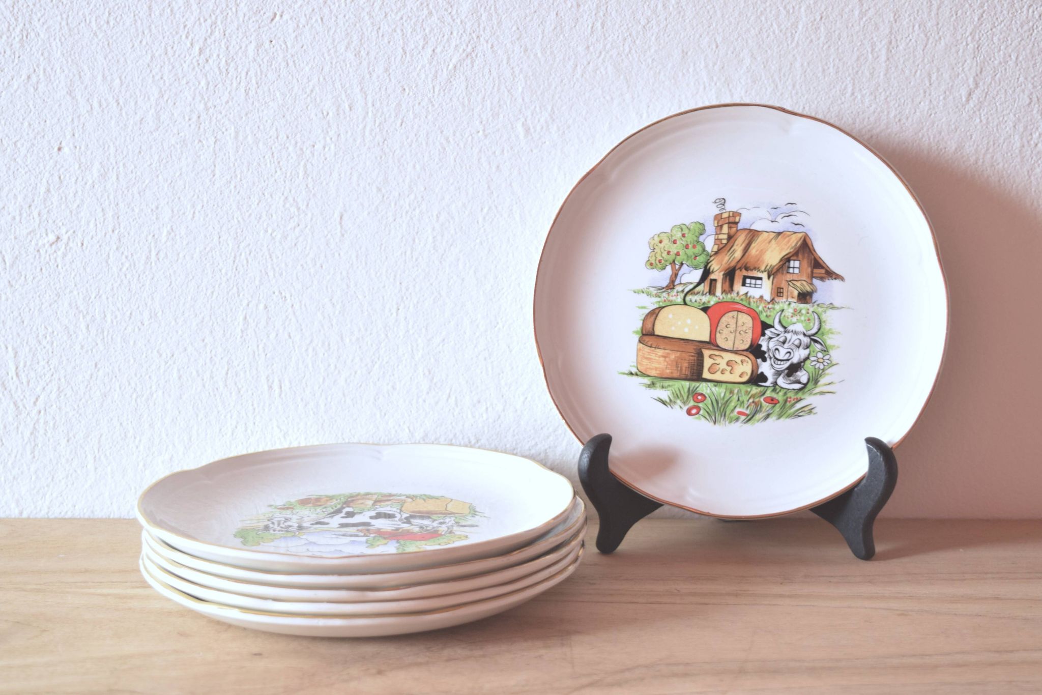 Moulin-des-Loups - Orchies - Set of 6 vintage glazed ceramic cheese plates