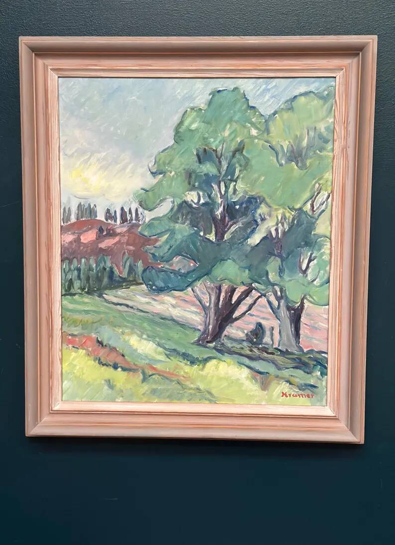 Original Swedish Oil on Canvas – "Landscape Composition" by Kramer – Signed – Vintage and Framed – 72 × 62 cm (28.3" × 24.4")