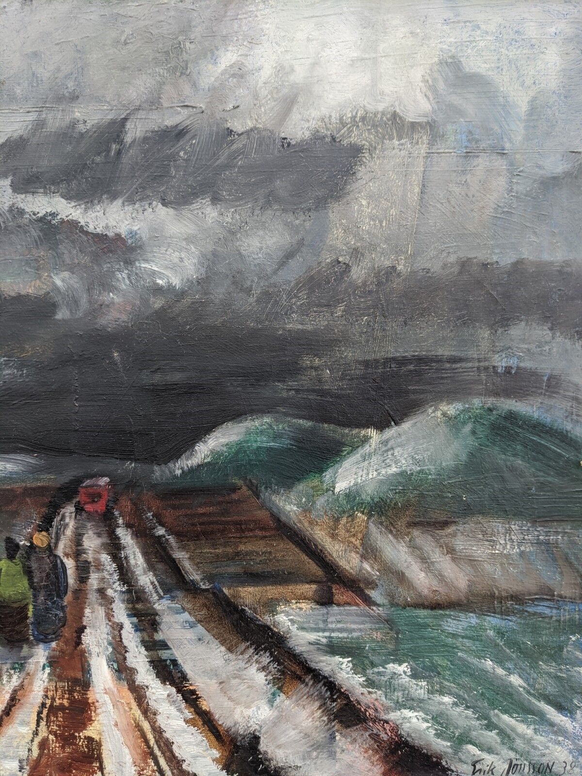 Vintage mid century modern winter landscape framed oil painting - the long road