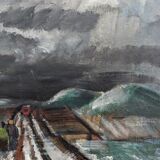 Vintage mid century modern winter landscape framed oil painting - the long road