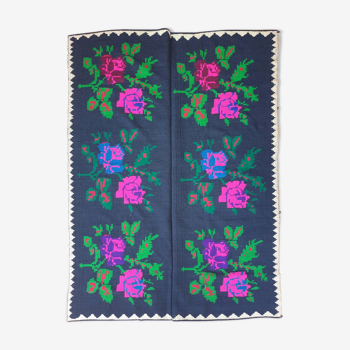 Handwoven old Romanian rug, black background with big roses