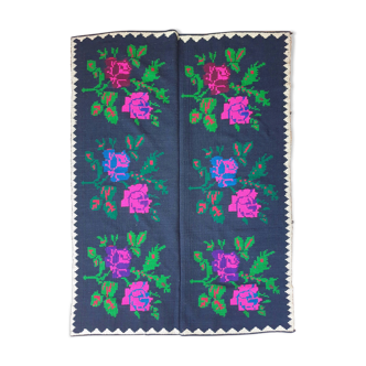 Handwoven old Romanian rug, black background with big roses