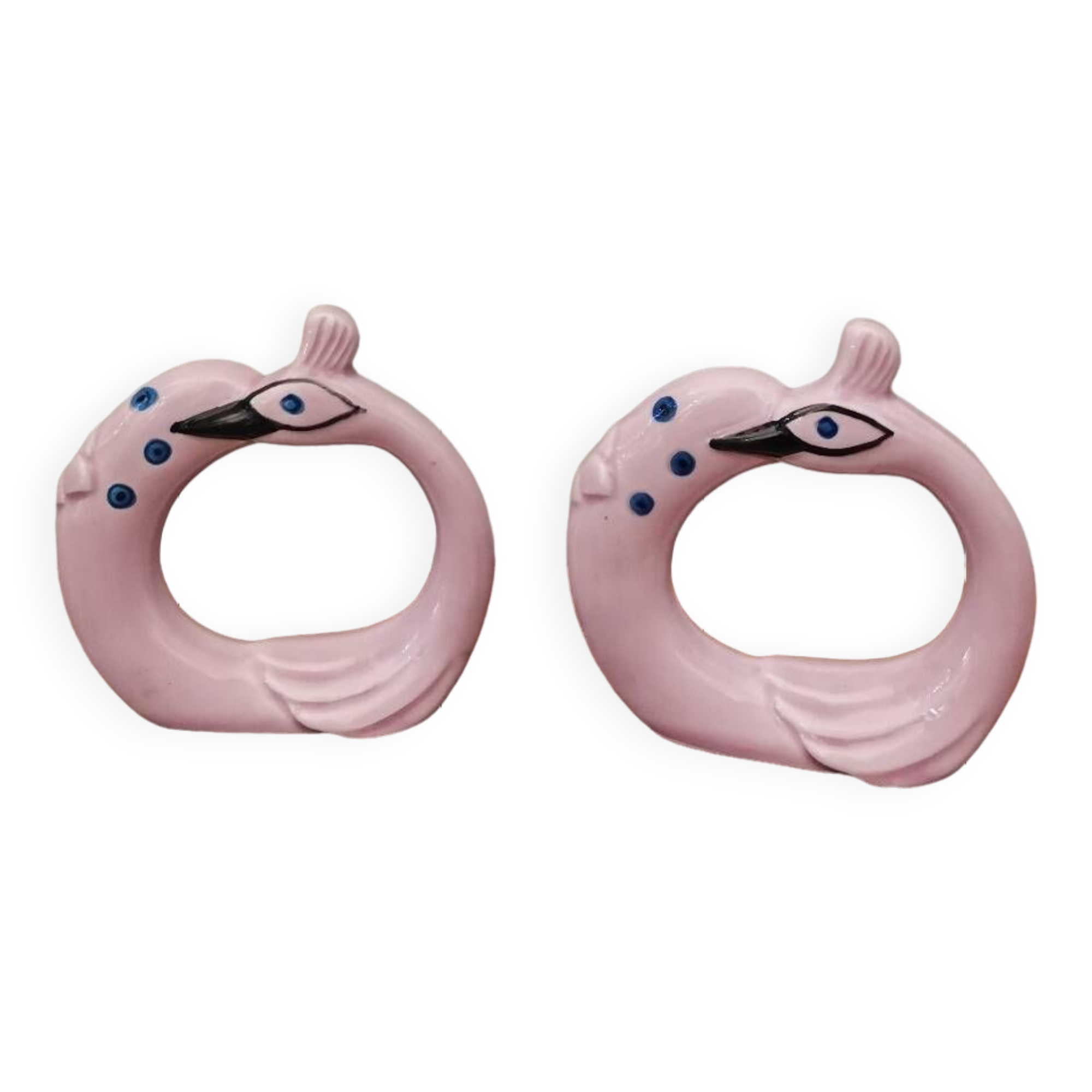 Set of 2 vintage ceramic barbotine napkin rings in the shape of a crane bird