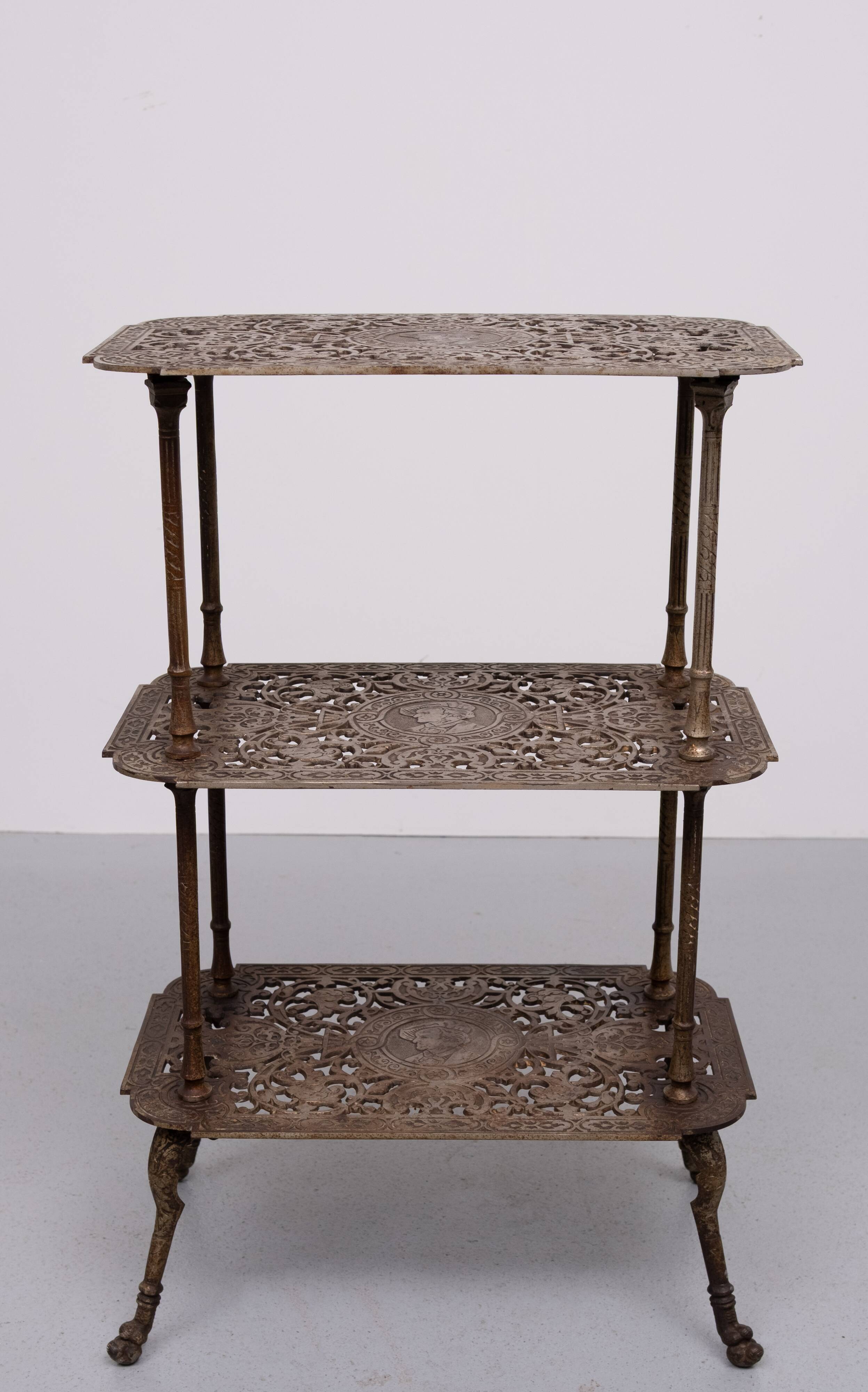 Antique Ornate Cast Iron French Brass 3 tier side table.