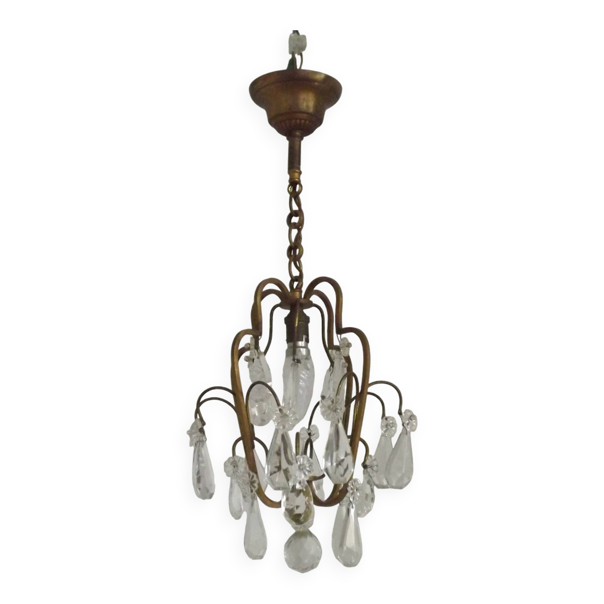 Small French Vintage Brass Single Light 4-Sided Crystal Cage Chandelier