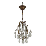 Small French Vintage Brass Single Light 4-Sided Crystal Cage Chandelier