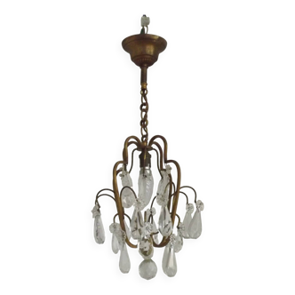 Small French Vintage Brass Single Light 4-Sided Crystal Cage Chandelier