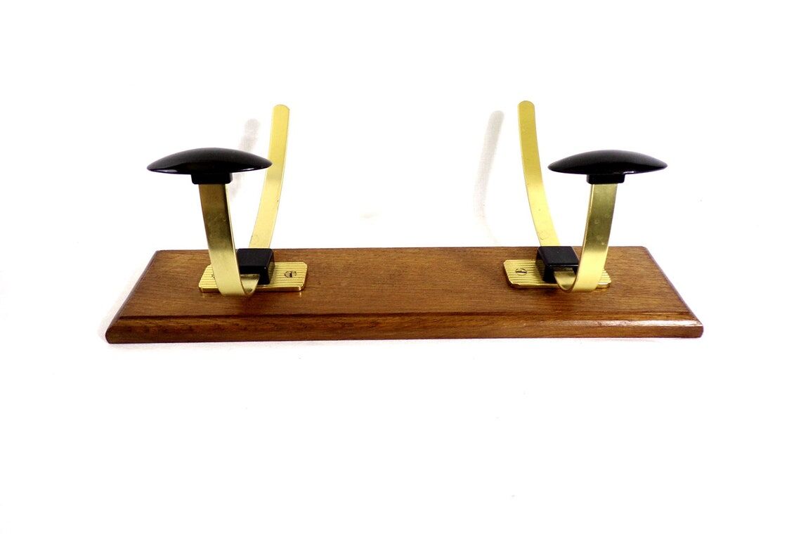 Vintage hook coat rack in gilded metal and vintage wood France
