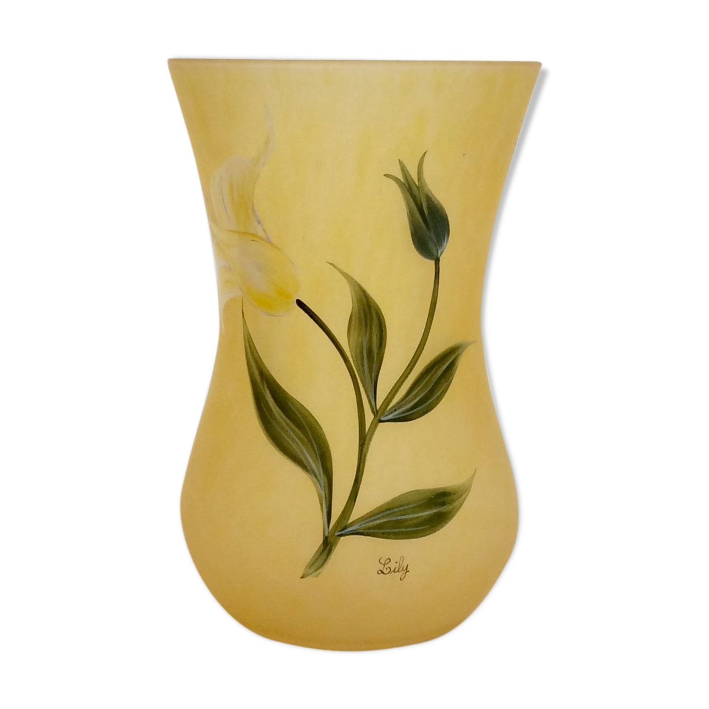 Glass paste vase, tried with flowers, signed "Lily"