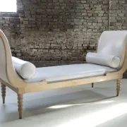Vintage chaise longue / daybed in bleached wood and white leather