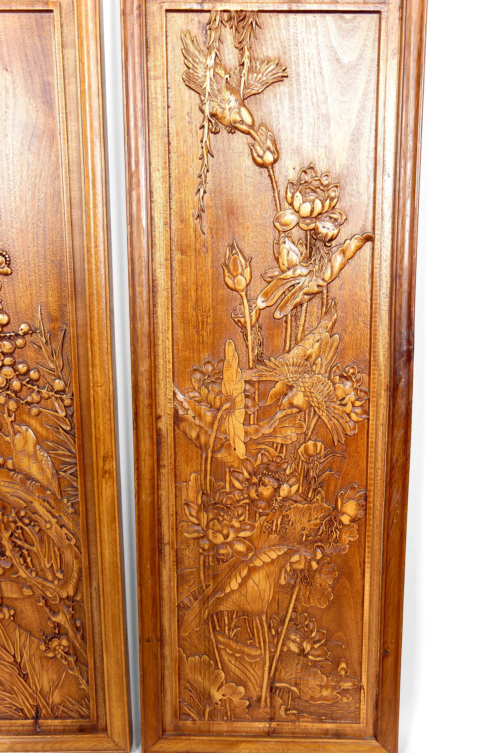 3 carved wooden panels, floral and animal decorations, Indochina