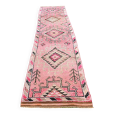 Tapis de couloir rose à médaillons, tapis turc vintage, 86x364 cm