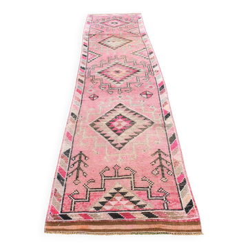 Tapis de couloir rose à médaillons, tapis turc vintage, 86x364 cm