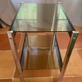 Serving trolley, side table, chrome metal and smoked glass, 1970s