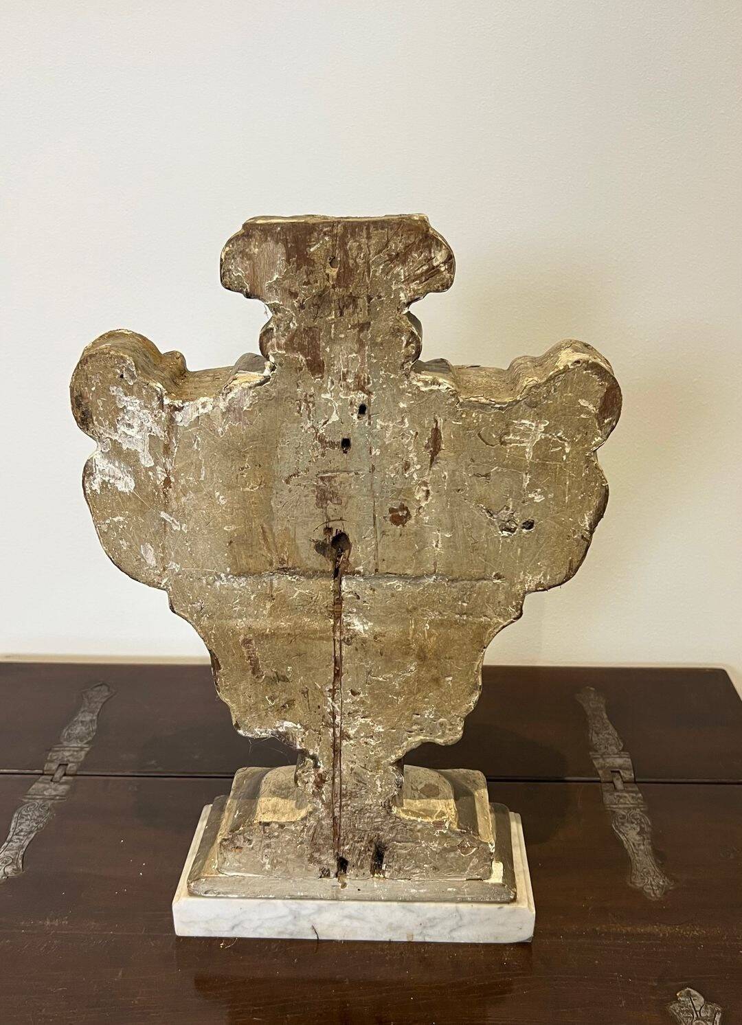 Decorative Element in Carved Wood on a Carrara Marble Base, Baroque I