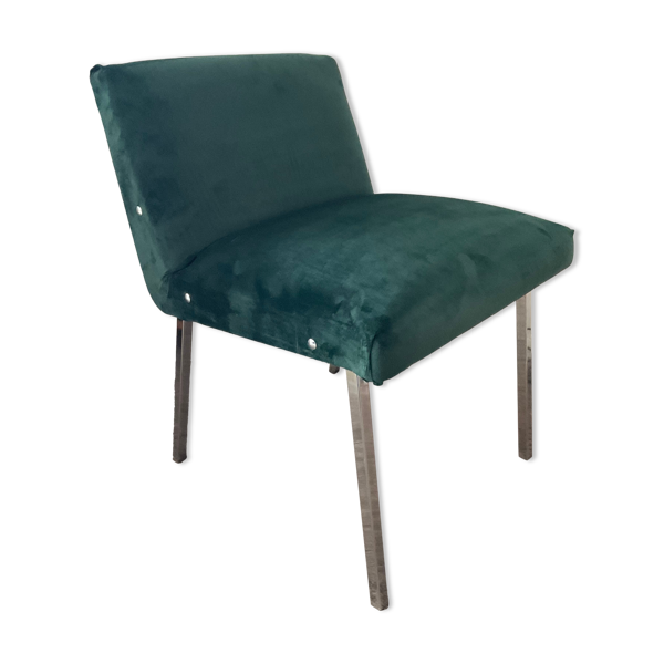 Chaise vintage en velours vert et pieds chromés