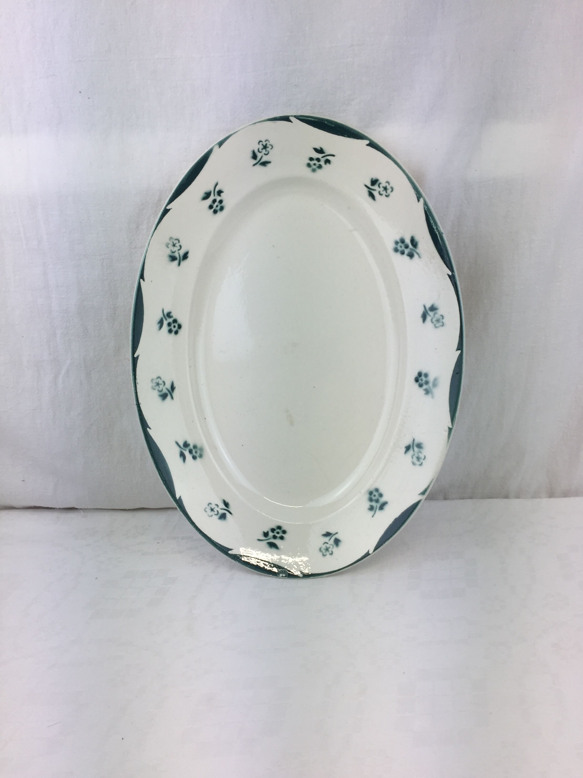 Antique oval dish made in France Digoin Sarreguemines, green flower decoration