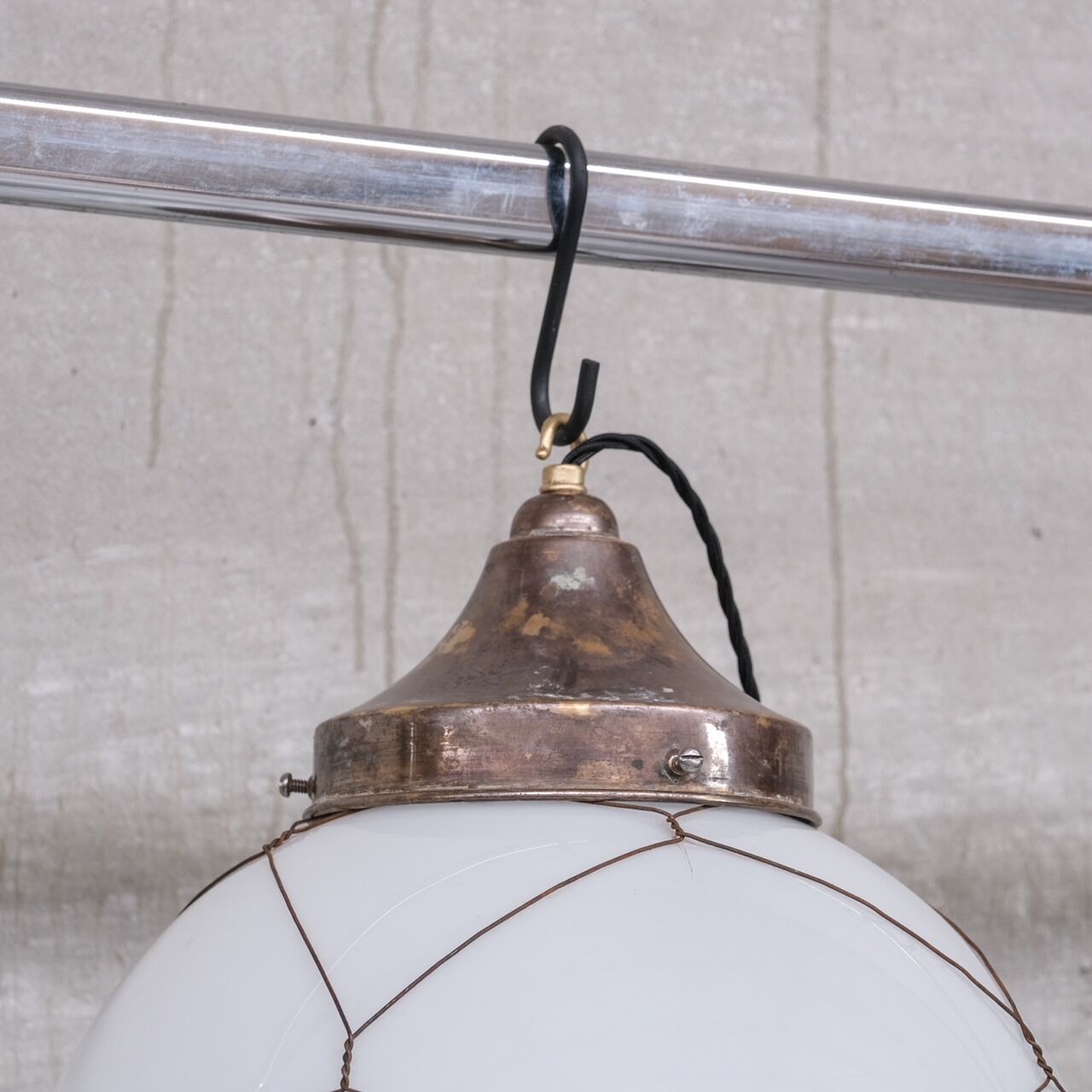 Opaline and brass mid-century caged pendant