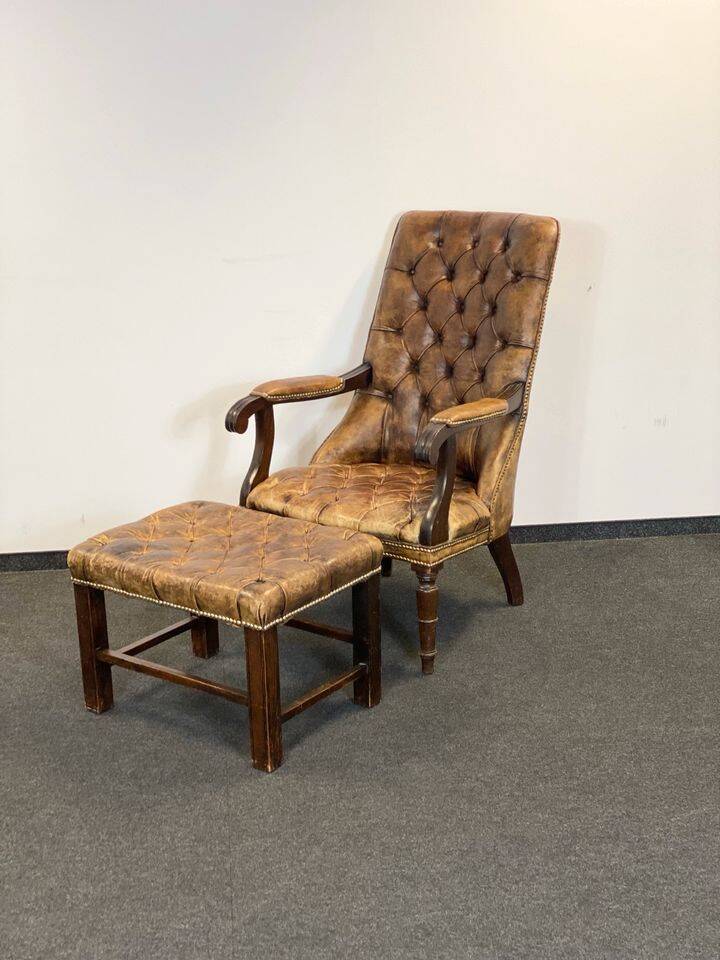 Antique Chesterfield Wing Chair with Stool and English Side Table