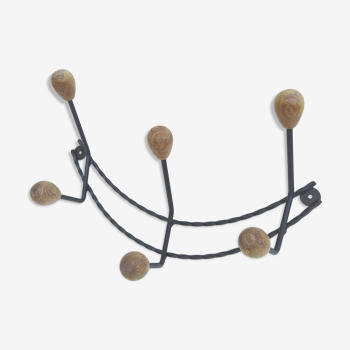 Wall coat rack 6 wooden and metal hooks