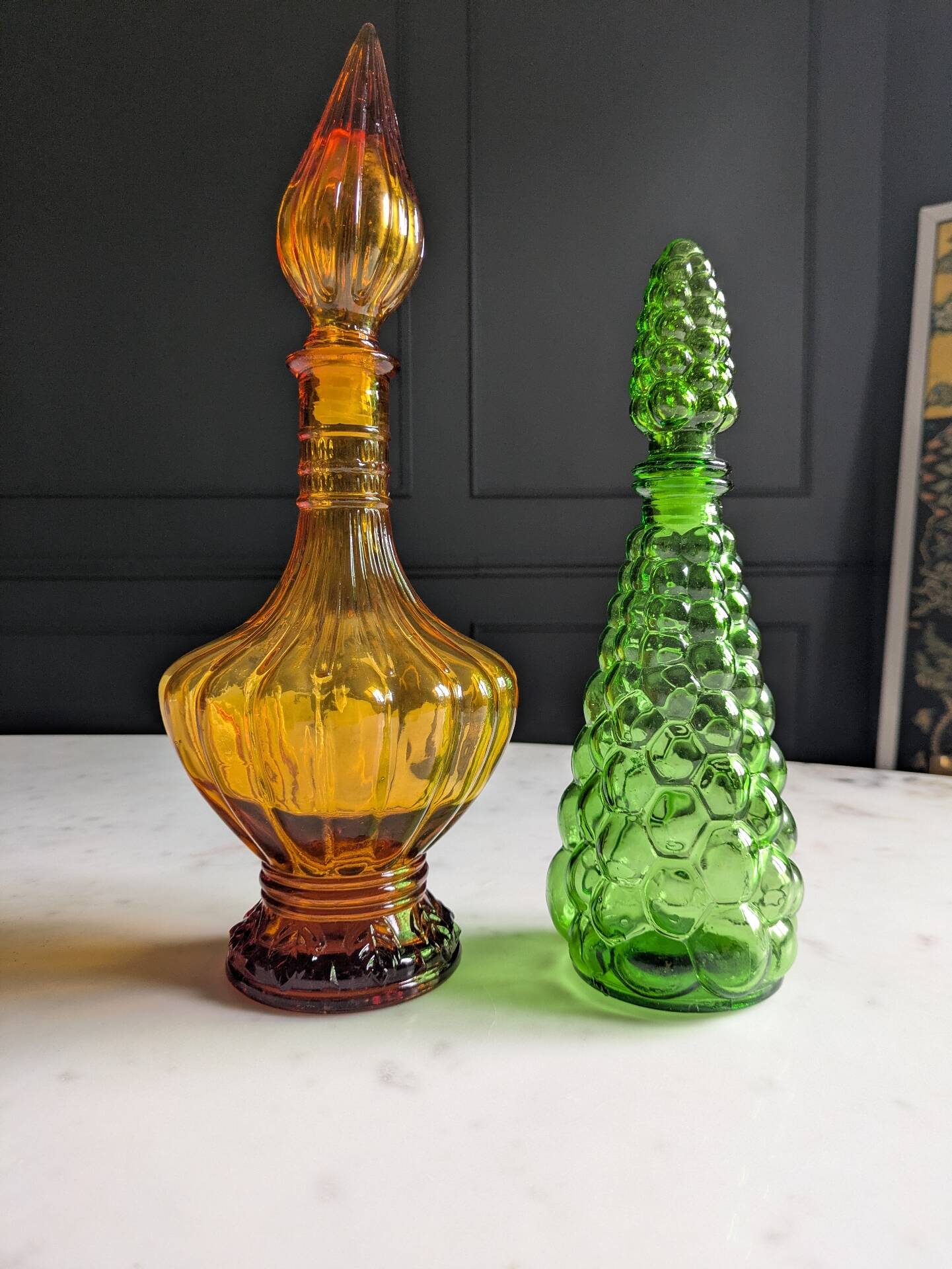 Pair of vintage Empoli style carafes from the 70s.