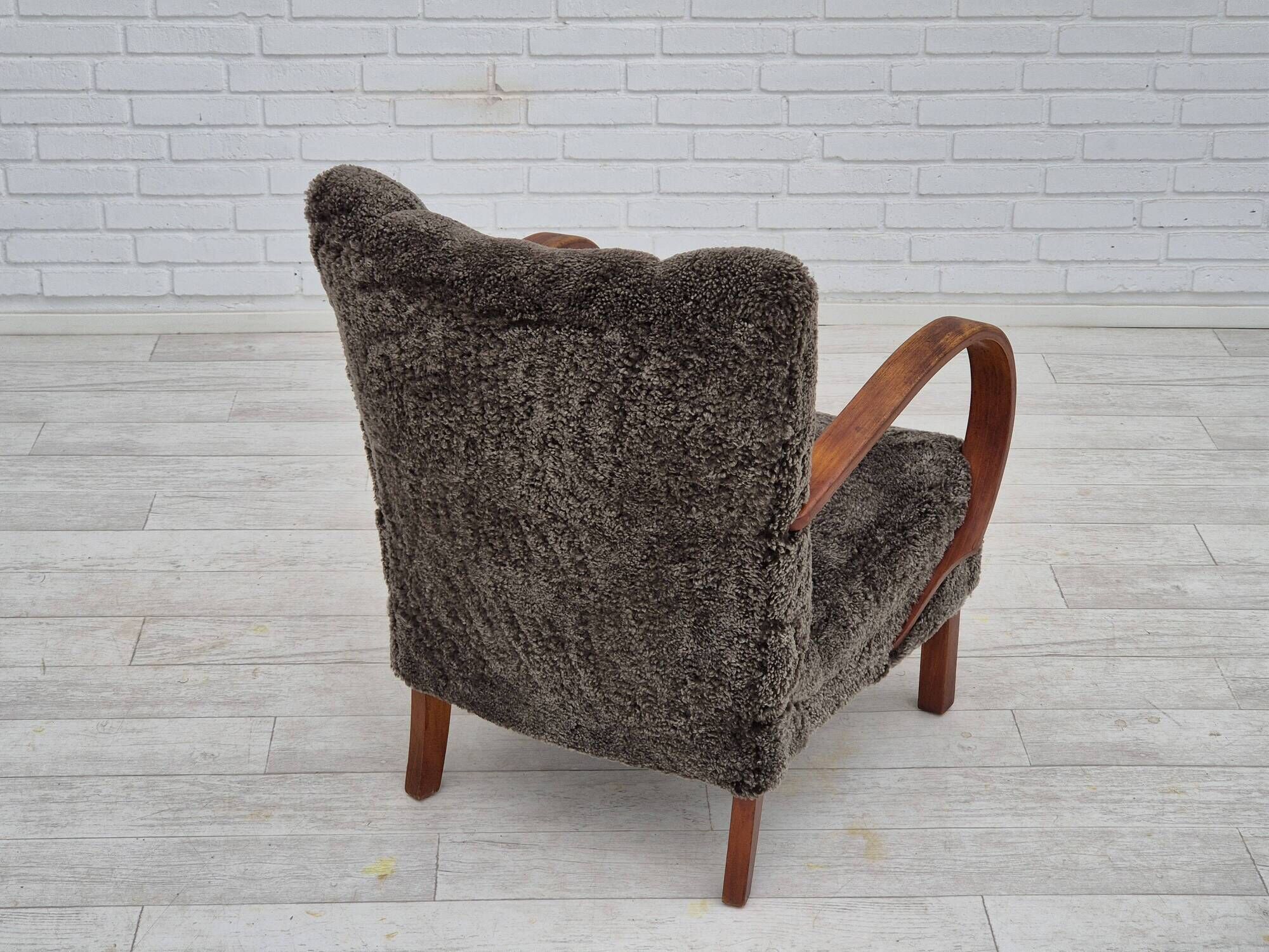 1950s, Danish design, reupholstered armchair, genuine sheepskin "Wellington".