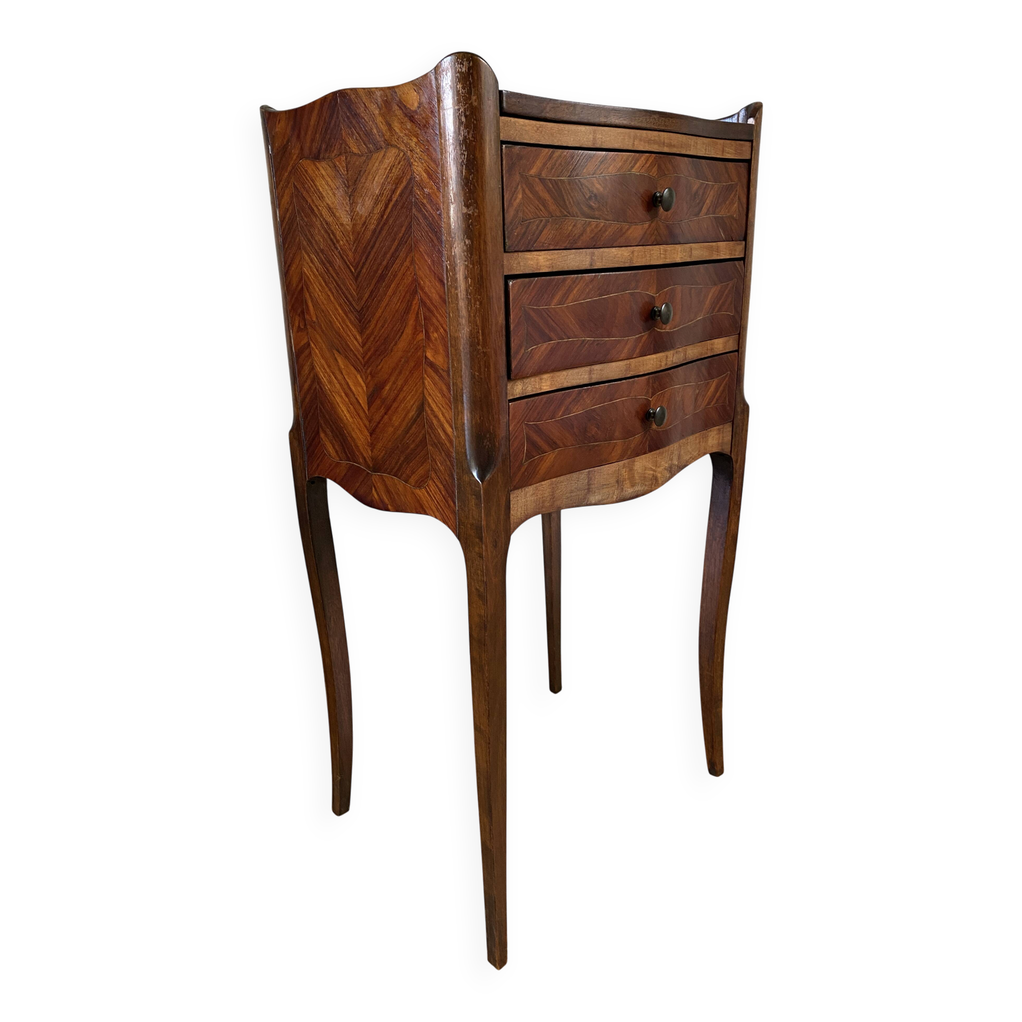 Antique marquetry bedside table – Louis XV style – 3 drawers