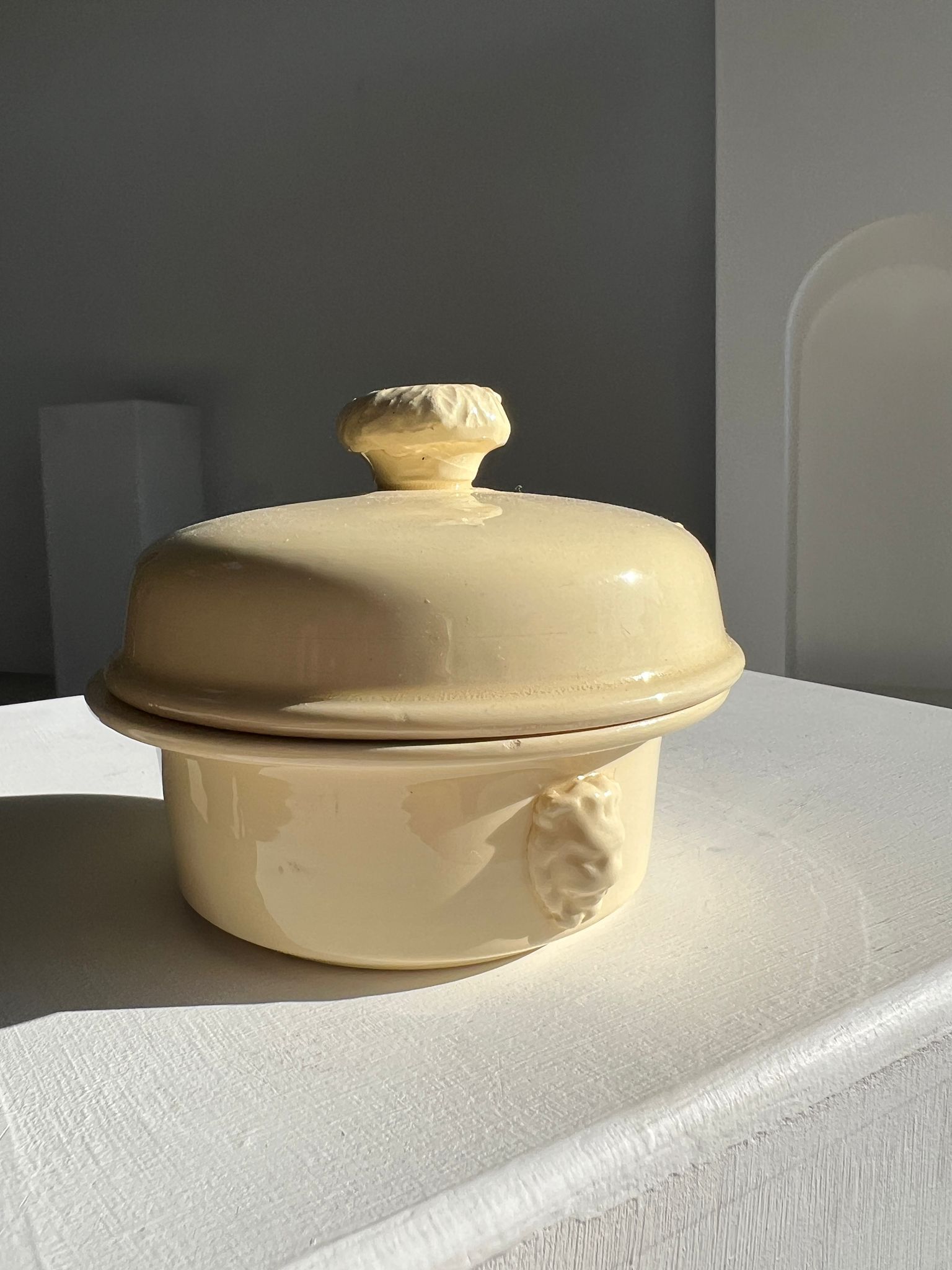 Glazed light yellow ceramic terrine