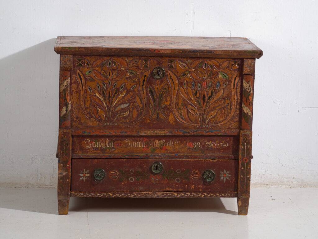 Polychrome pine wedding chest – Central Europe, 1889