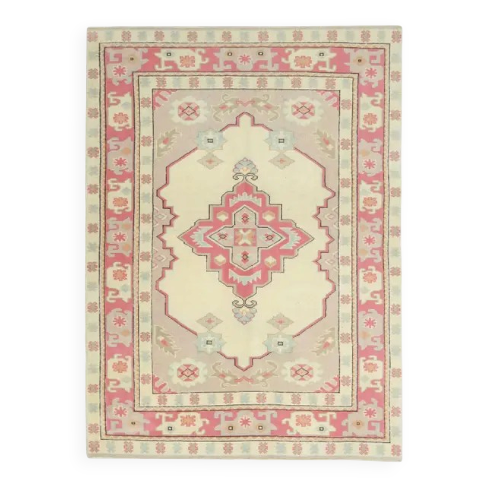 1970s Vintage Turkish Oushak Handmade Wool Cotton Cream Area Rug 150x205