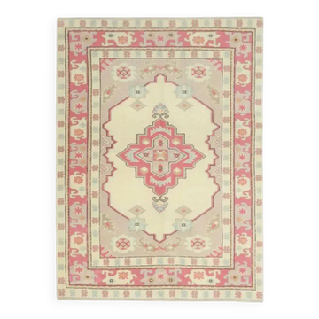 1970s Vintage Turkish Oushak Handmade Wool Cotton Cream Area Rug 150x205