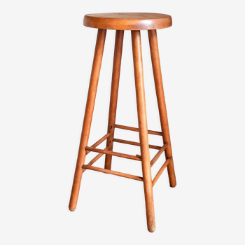 Tabouret de bar en bois blond massif vintage