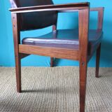 Pair of armchairs in rosewood from Rio and plum leather, Denmark 1960