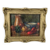 20th Century French Fruit and Pitcher Tabletop Still Life Oil Painting