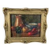20th Century French Fruit and Pitcher Tabletop Still Life Oil Painting