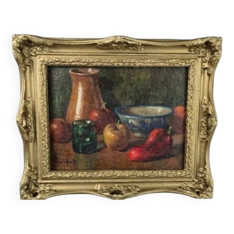 20th Century French Fruit and Pitcher Tabletop Still Life Oil Painting