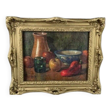 20th Century French Fruit and Pitcher Tabletop Still Life Oil Painting