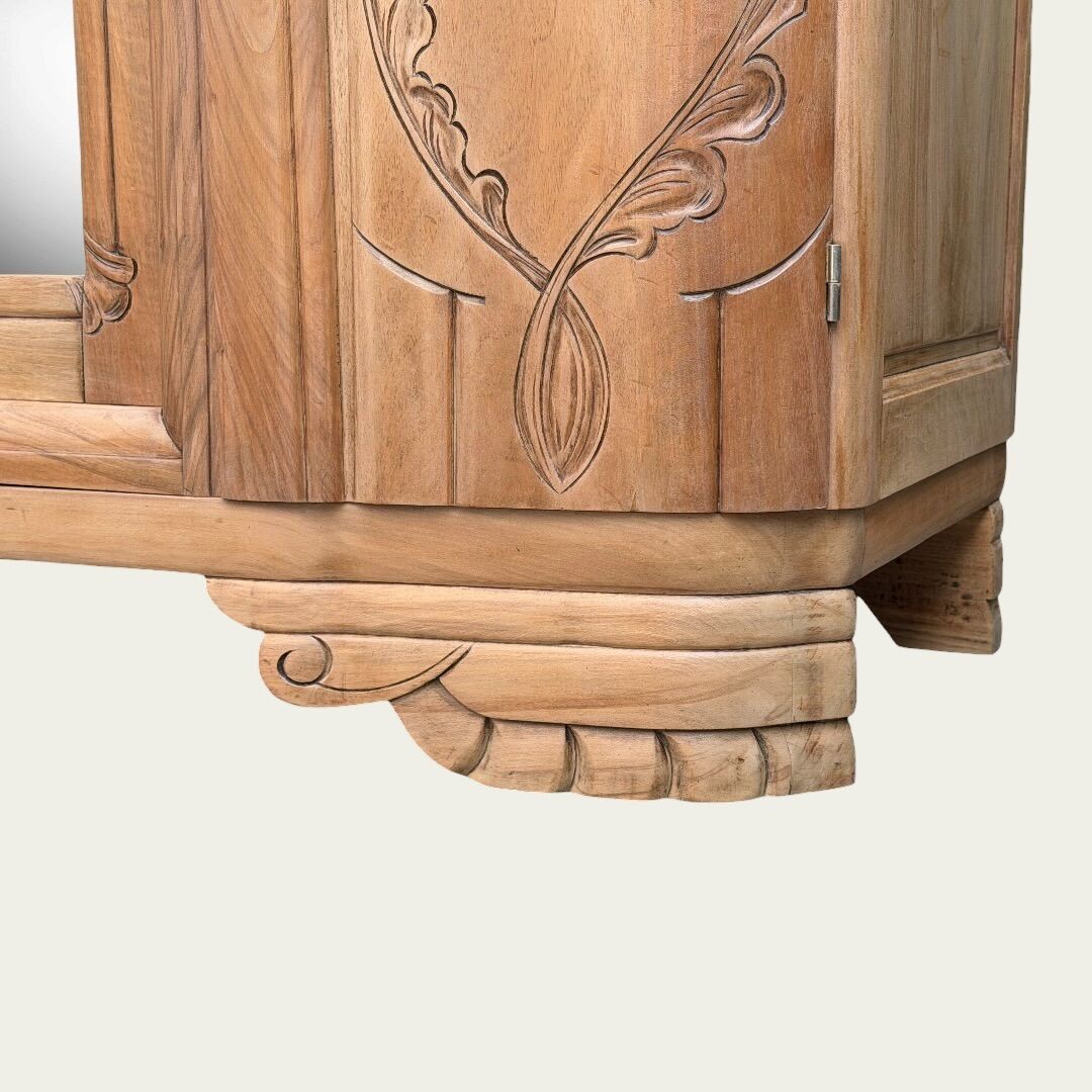 Art Deco wardrobe with bevelled mirror in solid raw walnut.