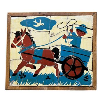 Wooden puzzle frame from the 50s/60s depicting a horse and cart