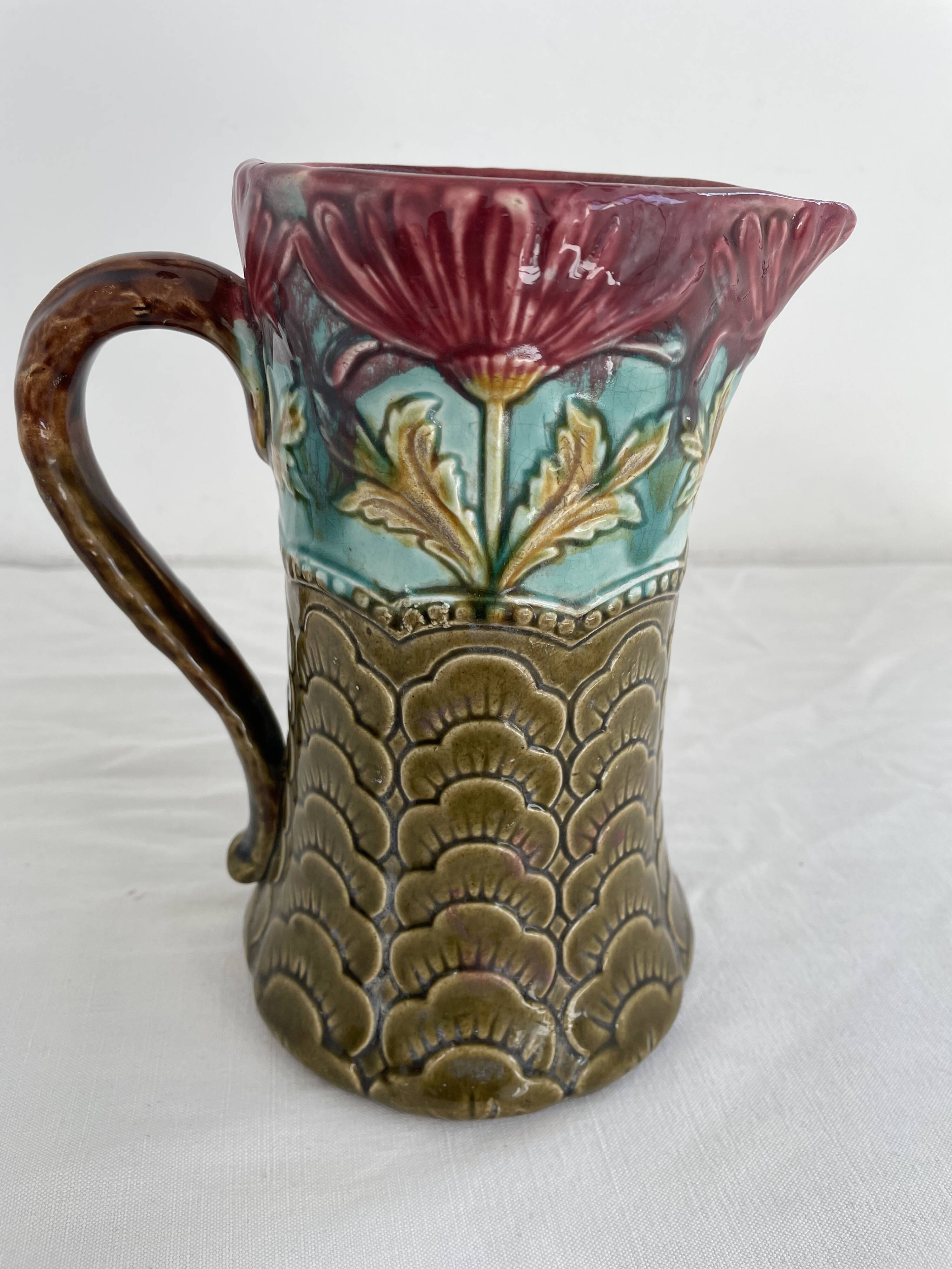 Slip pitcher, Orchies, jug, majolica, earthenware, floral decoration