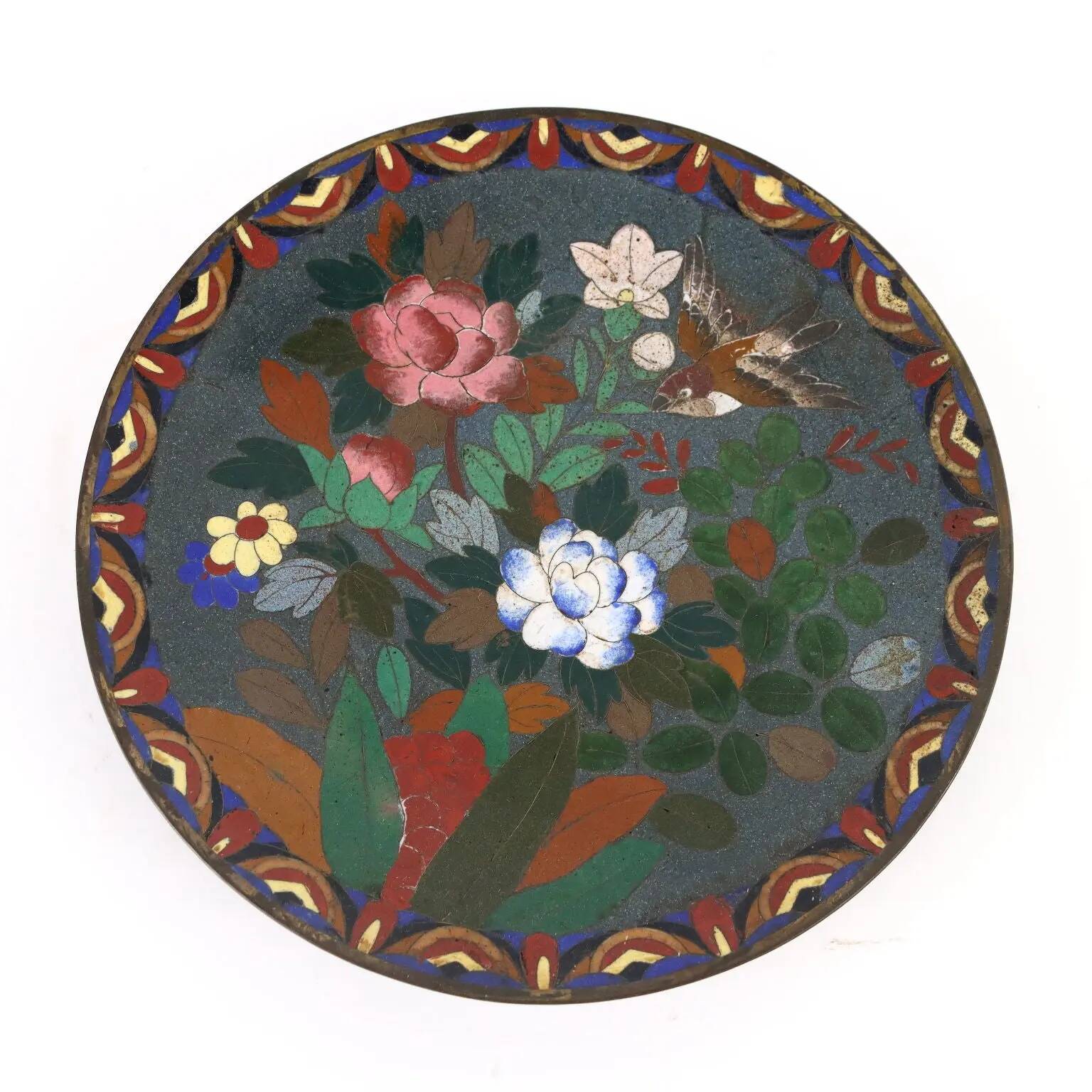Antique copper plate with cloisonné decorations, Japan, Meiji period