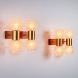 Pair of Swedish wall lamps with teak wood, brass and glass cup shade