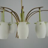 Midcentury 9-Arm Brass Chandelier with  Lacquer & Opaline Glass. Italy 1950