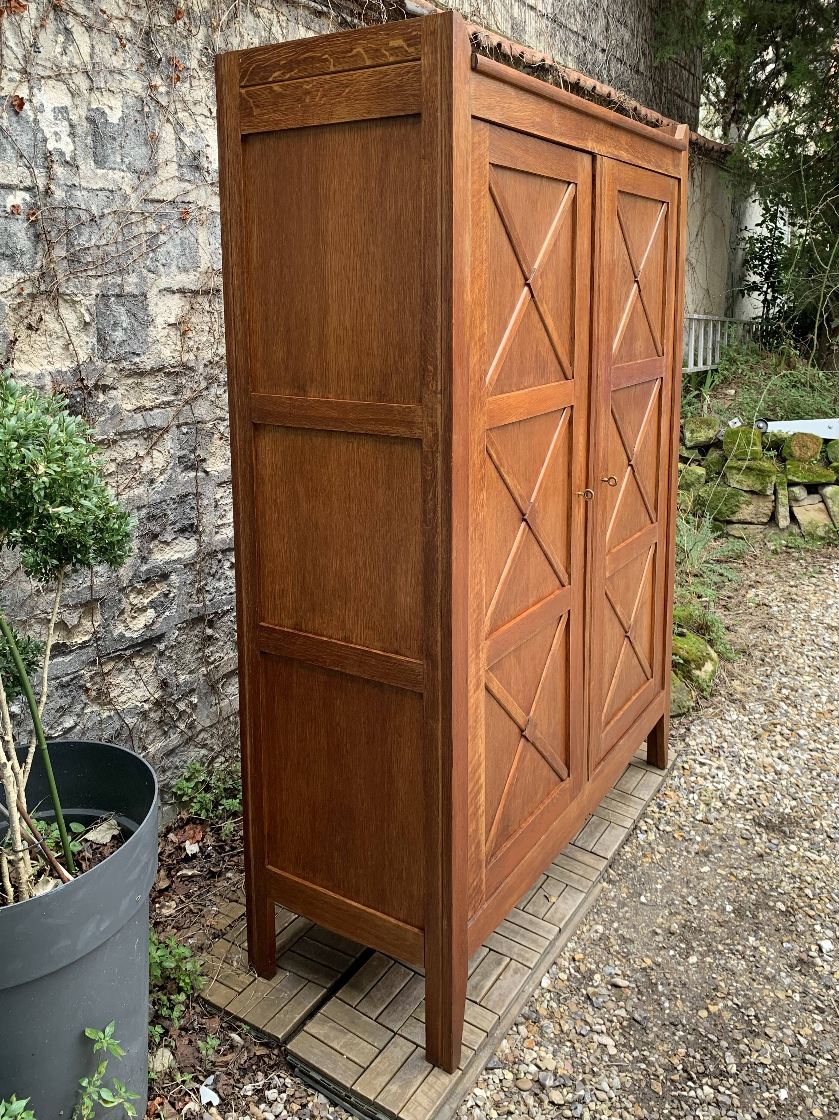 Vintage solid oak cross-braced wardrobe 1940
