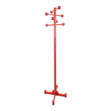 Porte-manteau en hêtre teinté rouge vintage avec boules, années 1970