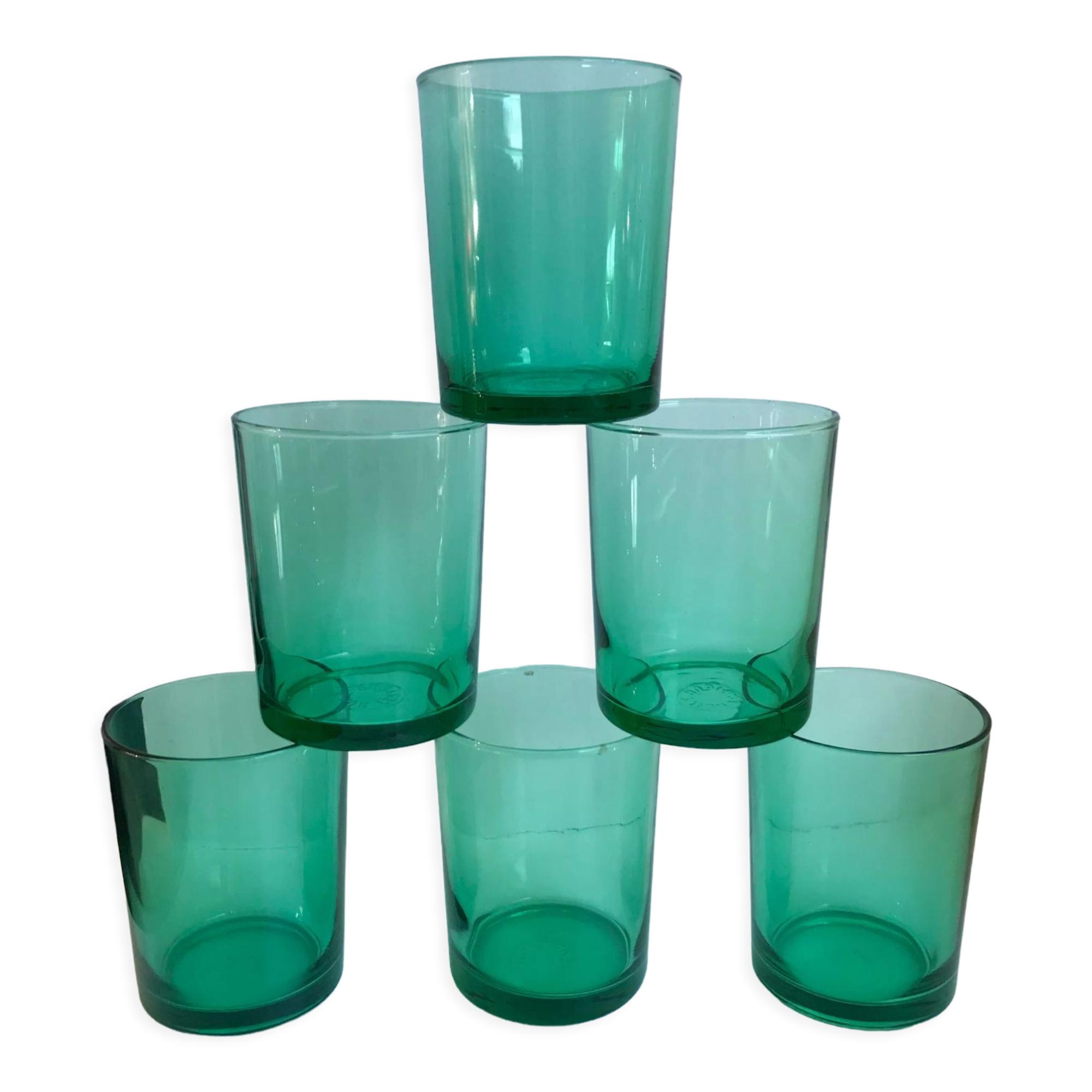 Lot de 6 verres à eau en verre vert anneées 70