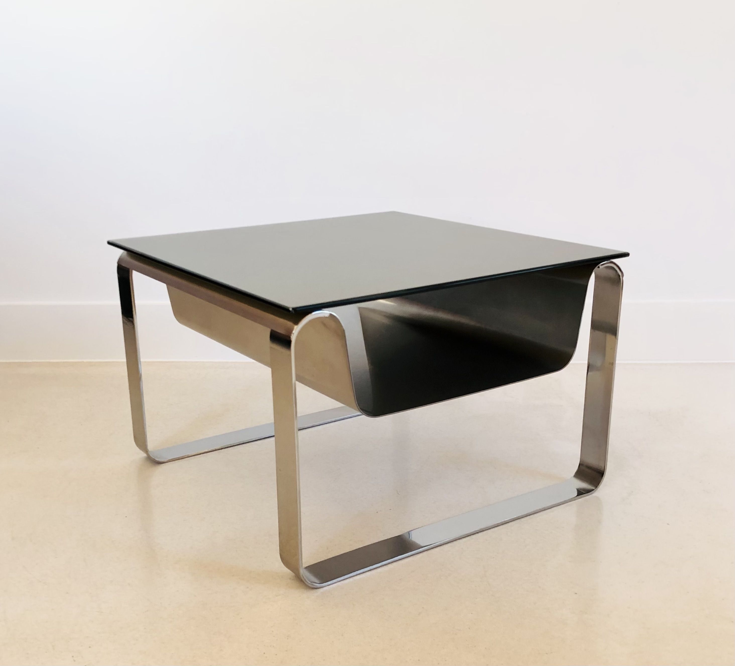 End of sofa, stainless steel magazine rack and mirror glass, France 70s
