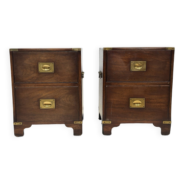 Vintage set of wooden bedside tables in military campaign style design